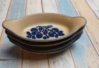 4 Pfaltzgraff Folk Art 8 " Au Gratin Dishes Vtg Usa Blue Brown Stoneware