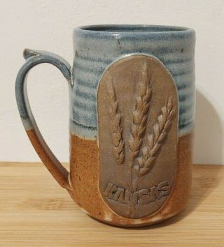Kansas Wheat Tall Coffee Mug Blue Brown Stoneware Flint Hills Clay Pottery