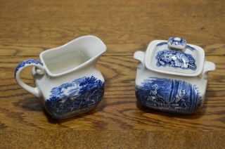 Staffordshire Liberty Blue Lidded Sugar Bowl/creamer Set Paul Revere/betsy Ross