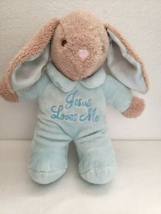 Dan Dee Bunny Rabbit Plush Stuffed Animal Tan Blue Jesus Loves Me Musical Satin